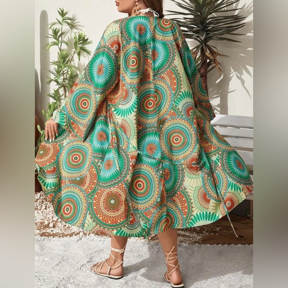 New Mandala Print Open Front Kimono Boho 3/4 Sleeve Cover Up Longline Swim Cover - Picture 6 of 10